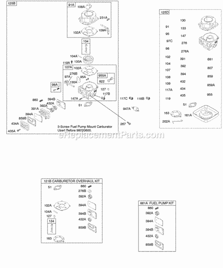 Carburetor (3-Screw Mount) Carburetor Overhaul Kit Fuel Pump Kit Diagram and Parts List for 42E707-2631-E2  Briggs and Stratton Engine